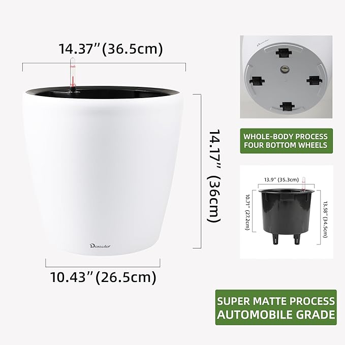 Dexceder 15x14 Self Watering Planter with Wheels Indoor Outdoor, Inner Pot Design, Thickened Large Floor Standing Flower Plant Pot with Water Level Indicator (White Matte)-Ruum Studio Home