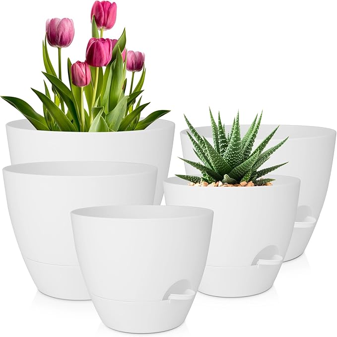 Plant Pots 10/9/8/7.5/7 Inch Self Watering Pots, Set of 5 Plastic Planters with Drainage Holes and Saucers,Plastic Flower Pots,Nursery Planting Pot for Indoor Out Door Plants(Pure White)-Ruum Studio Home