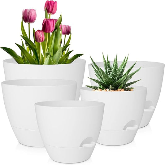 Plant Pots 10/9/8/7.5/7 Inch Self Watering Pots, Set of 5 Plastic Planters with Drainage Holes and Saucers,Plastic Flower Pots,Nursery Planting Pot for Indoor Out Door Plants(Pure White)-Ruum Studio Home