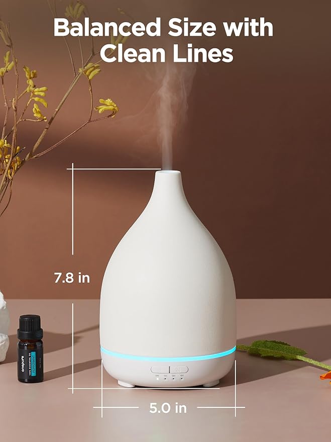 InnoGear Oil Diffuser, 300ML Ceramic Diffuser for Essential Oils Handcrafted Aromatherapy Diffuser Ultrasonic Cool Mist Humidifier with 4 Timers Waterless Auto Off for Room Office, White Base-Ruum Studio Home