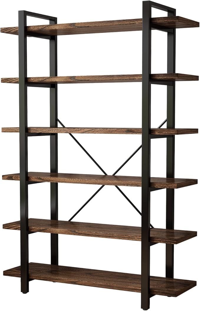 Solid Wood Bookcase and Book Shelves Wood and Metal Shelving Unit 6 Tier Bookshelf Modern Rustic Open Bookshelf Office,Distressed Brown (AY-02-6Tier)-Ruum Studio Home
