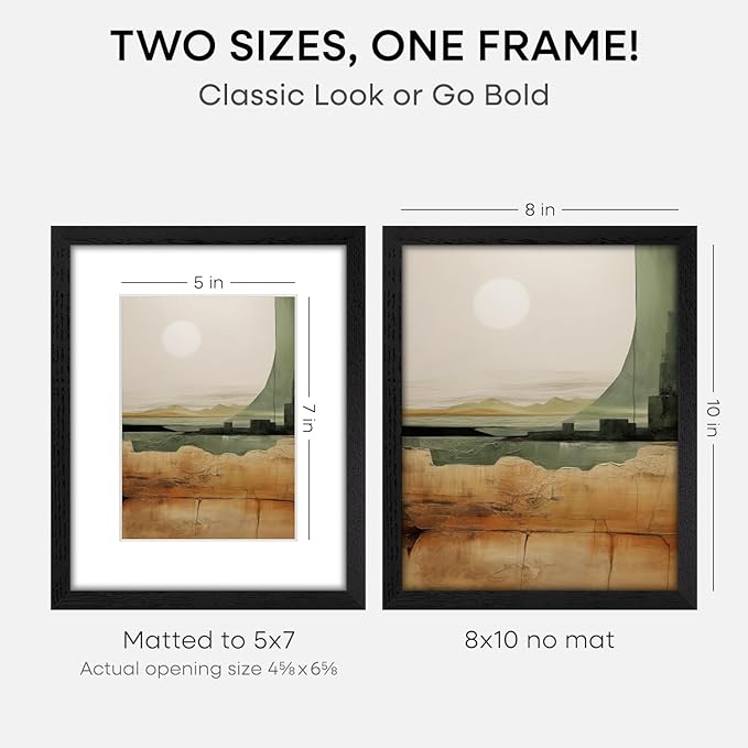 Homeforia 8x10 Picture Frame Black Wood, High End Oak 8 x 10 Wooden Frames with Mat 5 by 7 Print, 8x10 Frame Matted to 5x7 inch Photo, 8by10 Wall or Tabletop Frames, Tempered Glass, Wall Kit, Set of 1-Ruum Studio Home