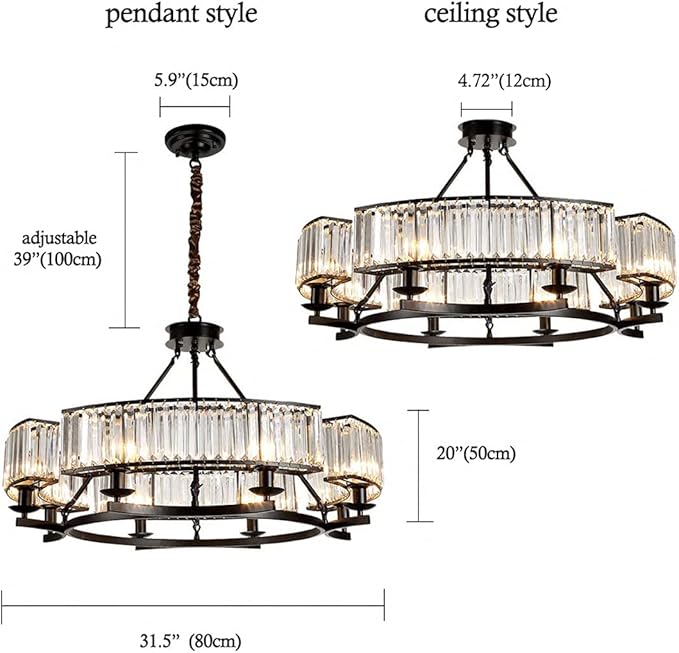 Farmhouse Crytal Chandeliers Dining Room Pendant Light Fixture Black Chandelier with K9 Crystal for Living Room Dining Room Foyer High Ceiling-Ruum Studio Home
