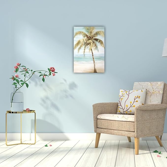 LURENCZH Tropical Beach Canvas Wall Art Seaside Palm Tree Picture Wall Decor Ocean Scenery Painting Prints for Bathroom Decor Framed(Beach-1,16.00" x 24.00")-Ruum Studio Home
