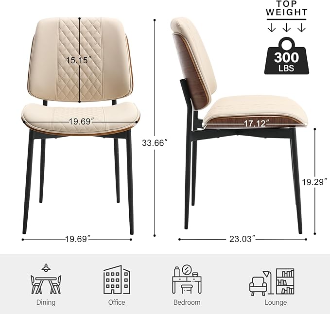 BV Dining Chairs Set of 2, PU Leather Armless Kitchen Chair in Modern Walnut Style, Mid Century Bentwood Side Chair with Metal Legs, Retro Accent Guest Chair for Kitchen Dining Room(Beige)-Ruum Studio Home