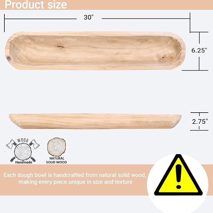 Athaliah Wooden Dough Bowl, 30 Inch Hand Carved Rustic Long Wood Dough Bowls for Decor, Vintage Decorative dough bowl for Table Centerpiece (30 Inch-Brown)-Ruum Studio Home
