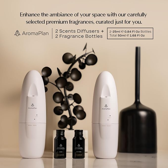 AromaPlan Authentic 2025 Upgraded Plug in Waterless Diffuser (2 Fragrances Included)-Cold Air & Nanotechnology Diffusers for Home & Office- Silent Wall Diffuser Plug in (2 Devices +2 Scents)-Ruum Studio Home