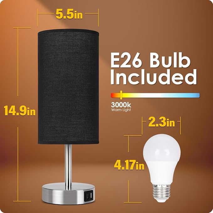 Bedside Lamp with USB Port - Touch Control Table Lamp for Bedroom Wood 3 Way Dimmable Nightstand Lamp with Round Black Shade for Living Room, Dorm, Home Office (LED Bulb Included) (Blacl2)-Ruum Studio Home