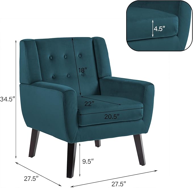 UIXE Accent Chair, Velvet Upholstered Armchair for Living Room, Modern Club Arm Chairs Comfy Single Sofa Button Tufted Bedroom Reading Seat - Blue, Set of 1-Ruum Studio Home