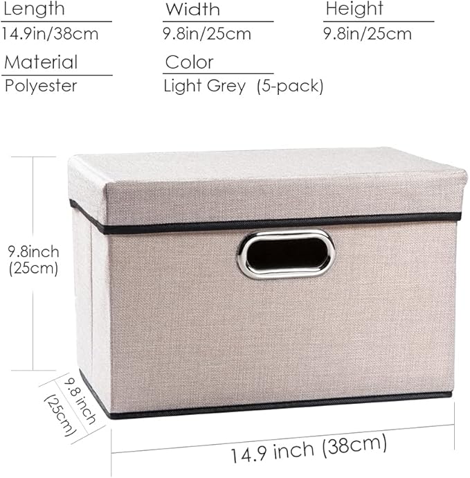 PRANDOM Foldable Storage Bin with Lid [5-Pack] Linen Fabric Decorative Storage Box Organizer Container Basket Cube with Handles Divider for Closet Office Living Room Light Grey(14.9x9.8x9.8)-Ruum Studio Home