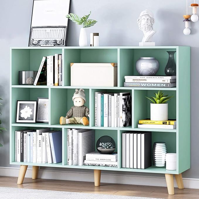 IOTXY Wooden Open Shelf Bookcase - 3-Tier Floor Standing Display Cabinet Rack with Legs, 10 Cubes Bookshelf, Tiffany-Green-Ruum Studio Home