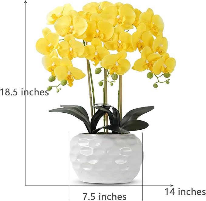 Orchid Artificial Flowers with White Vase Large Silk Faux Phalaenopsis Flowers for Dining Room Table Floral Centerpieces Indoor Decoration,Yellow-Ruum Studio Home