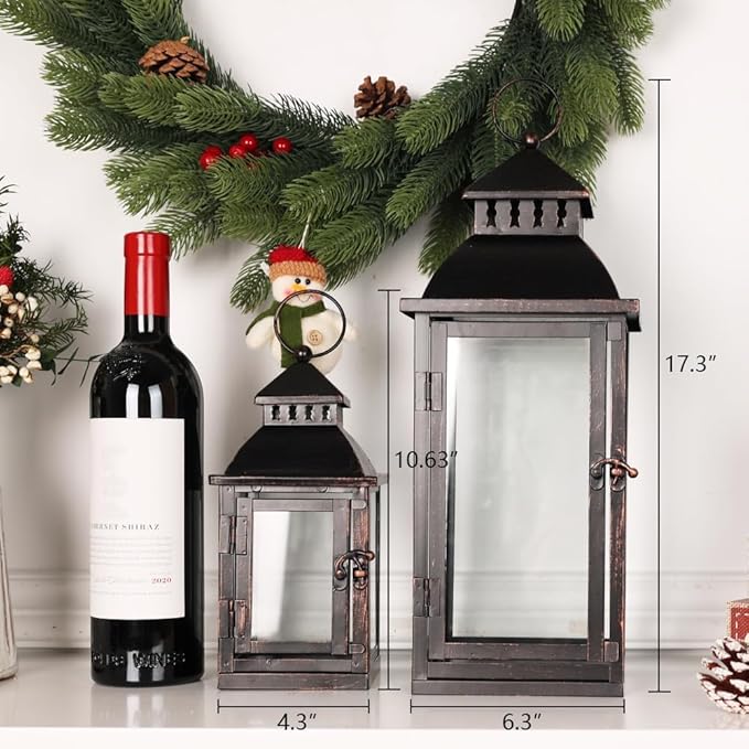 NEEDOMO Lanterns Decorative Outdoor&Indoor, Set of 4 (14"&10") Beige Metal Lantern Decor with Glass, Candle Holder for Porch, Patio, Garden, Balcony, Wedding, Table Centerpiece-Ruum Studio Home