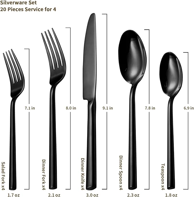 Alata Potter Black 20-Piece Forged Silverware Set with Utensil-Serving Set, Service for 4, Stainless Steel Flatware Set, Modern Design with Mirror Finish, Ideal for Home, Kitchen, Party, Camping-Ruum Studio Home