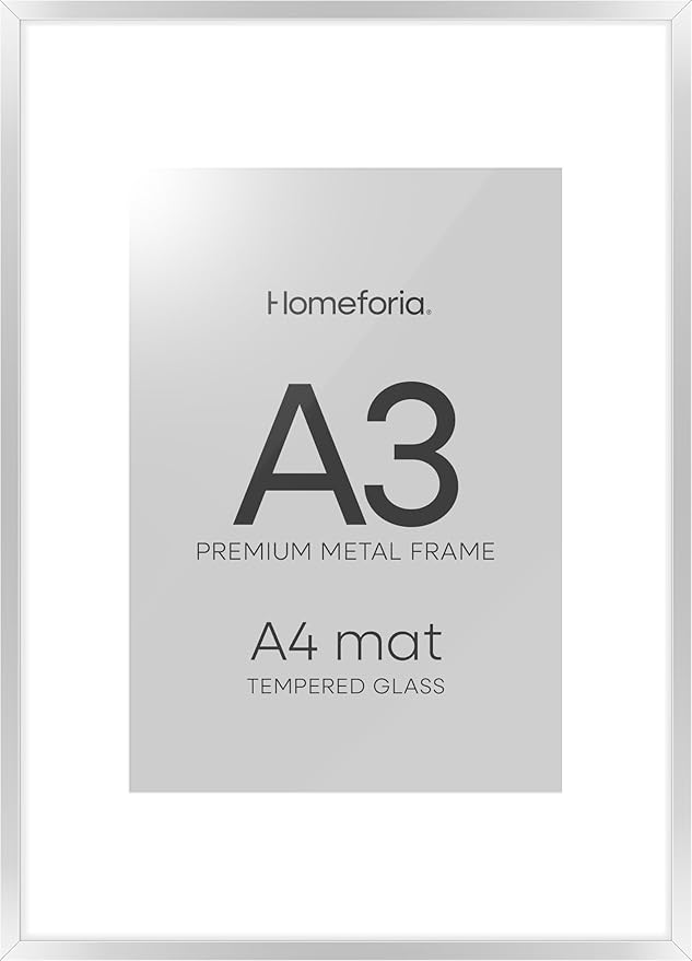 Homeforia A3 Picture Frame Silver, High End Metal 11.7 x 16.5 inch Poster Frames with Mat 8.3 by 11.7 for Photo, A3 Size Frames Matted to A4 Art, 11.7x16.5 Wall Hanging Frame, Tempered Glass, Set of 1-Ruum Studio Home