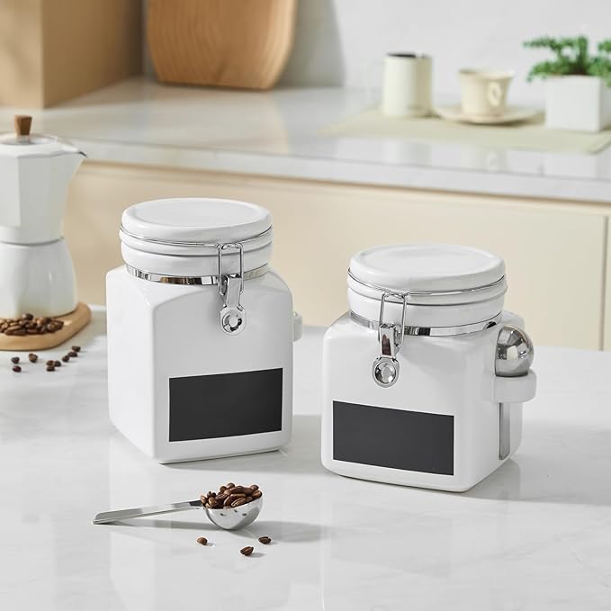 Ceramic Coffee Canister with Airtight Lid and Scoop, Large 74 Fl Oz / 2.2 L Kitchen Food Storage Container Jar for Grounds Coffee, Beans, Tea, Sugar, Flour, Cereal, Nuts, Cookie, White-Ruum Studio Home