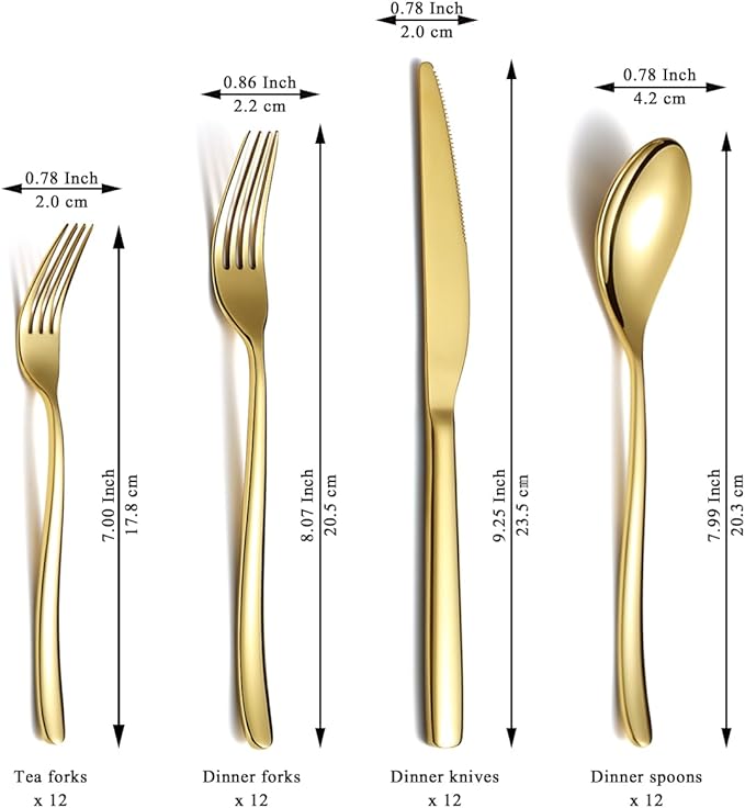 Berglander Gold Silverware Set 48pcs Service for 12, Golden Titanium Plating Stainless Steel Flatware Set, Gold Spoons Forks Knives Set for Home, Wedding, Restaurant, Hotel, Dishwasher Safe-Ruum Studio Home