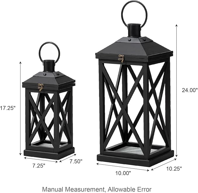Glitzhome Modern Farmhouse Wooden Lantern Hanging Decorative Candle Lantern for Outdoor & Indoor Black Set of 2 (No Glass)-Ruum Studio Home