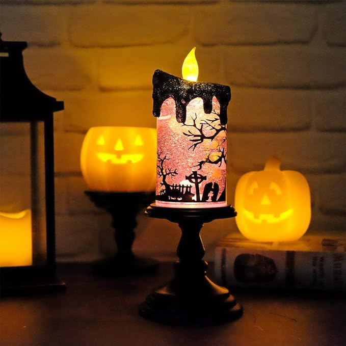 Eldnacele Halloween Snow Globe Candles Lighted Lamp, Battery Operated Spinning Water Glittering Tornado Flameless Candles Table Centerpiece for Halloween Decoration Indoor(Ghost)-Ruum Studio Home