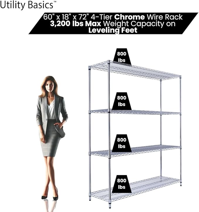 60"x18"x72" Chrome Premium Metal Steel Wire Shelving 4-Tier NSF 3200 LBS MAX Capacity Heavy Duty Storage Rack for Garages, Commercial Spaces, Hospitals, & Schools w/Premium Wheels-Ruum Studio Home