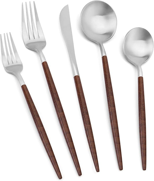 Matte Silver Silverware Set With Brown Handle, Vanys 20 Piece Stainless Steel Cutlery Flatware Set, Kitchen Utensil Sets for 4, Tableware With Knife Spoons And Forks Set, Satin Finished Polished-Ruum Studio Home
