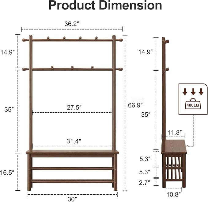 Coat Rack with Shoe Storage, Wooden Hall Tree with Bench, 11 Hooks and 2-Tier Storage Shelves, 3-in-1, Entryway Bench with Coat Rack (39.3"-Walnut)-Ruum Studio Home