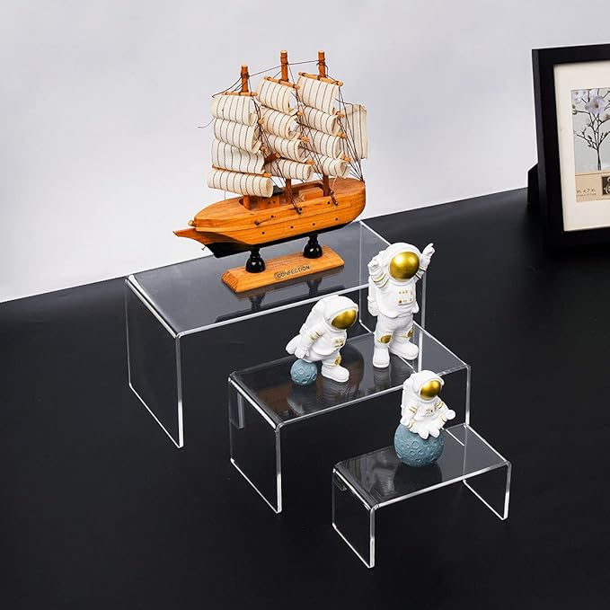 HIIMIEI Acrylic Risers for Display Clear 3-Tier Risers Stands Showcase for Amiibo Funko Pop Figures, Dessert, Jewelry-8.4"x 6.3"x 4.3" (2 Sets)-Ruum Studio Home