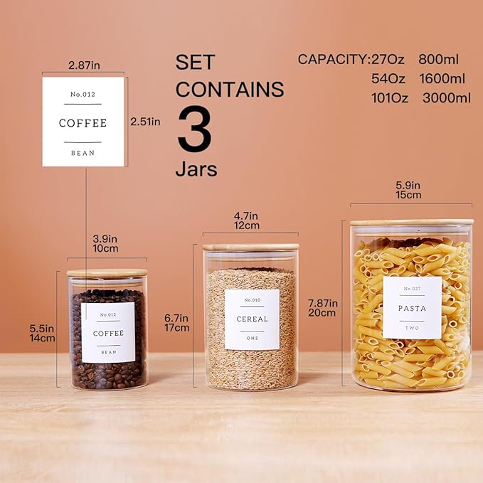 3 Pcs Glass Canisters with Airtight Bamboo Lids and 42 Kitchen Pantry Labels Preprinted - Clear Glass Flour and Sugar Storage Container Set - Large Glass Jars with Wood Lids(100 OZ/54 OZ/27 OZ)-Ruum Studio Home