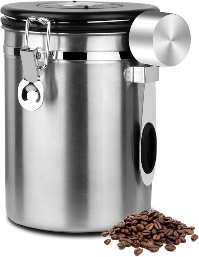 Coffee Canister Airtight Storage Container 1.8L Stainless Steel Air Tight Coffee Jar with Scoop, Date Tracker CO2 Release Valve for Dry Food, Beans, Ground, Tea, Flour, Cereal and Sugar (Silver)-Ruum Studio Home
