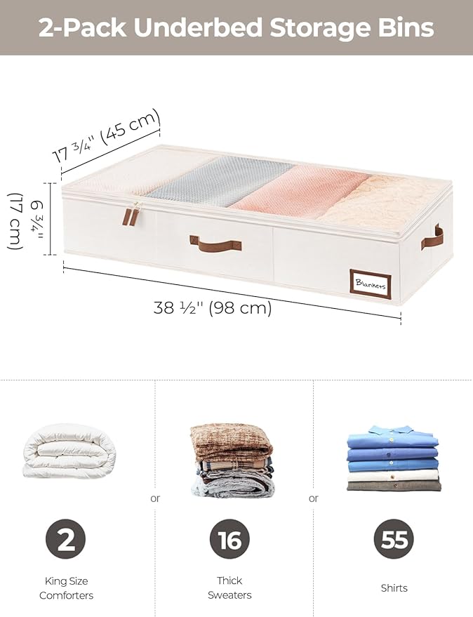 StorageWorks Extra Large Under Bed Storage Containers with Handles and Label Holder, 2 Pack Ultra-thick Fabric Underbed Bins, Closet Organizer for Clothes, Blankets, Sweater-Ruum Studio Home