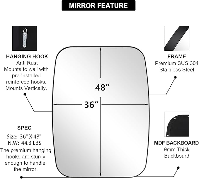 ANDY STAR Black Oblong Mirror, 36x48 Inch Black Oval Mirror for Bathroom with Stainless Steel Metal Frame, Wall Mouned for Bathroom, Living Room, Entryway-Ruum Studio Home