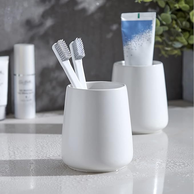 White Toothbrush Holder for Bathroom - 2Pcs Ceramic Tooth Brushing Holders Set, Toothbrush Cup & Toothpaste Organizer for Bathroom Countertop, Makeup Brush Holder, Pen Holder for Home Desktop Storage-Ruum Studio Home