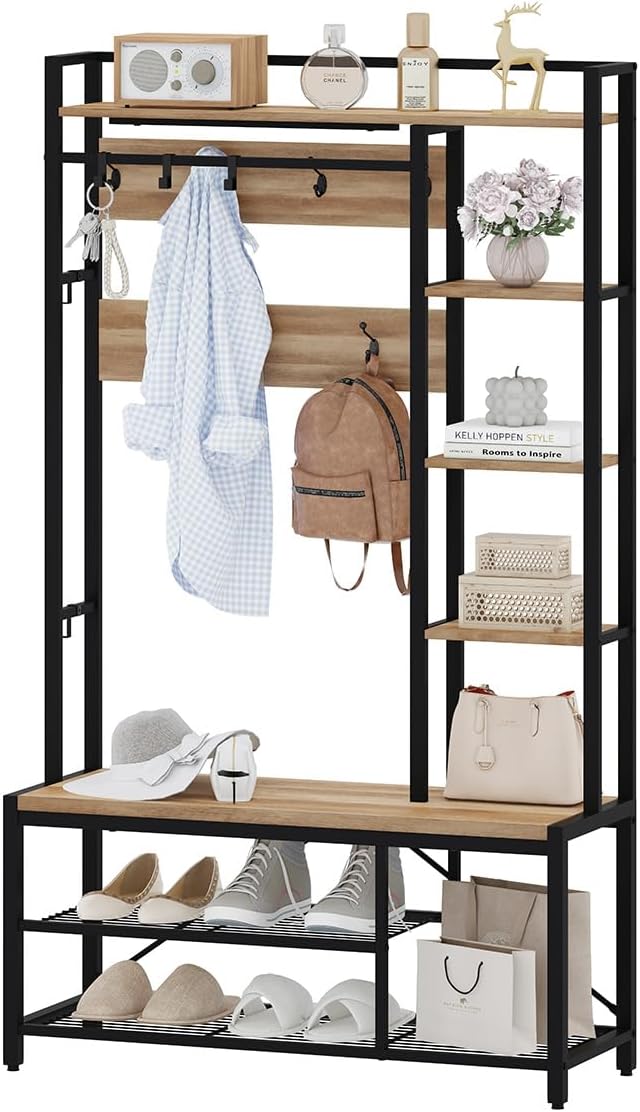 BON AUGURE Farmhouse Hall Tree for Entryway, Mudroom Bench with Shoe Storage, Large Coat Rack Shoe Bench with 5 Tier Open Shelves, Adjustable Side Hooks and Hanging Rod for Foyer (Vintage Oak)-Ruum Studio Home