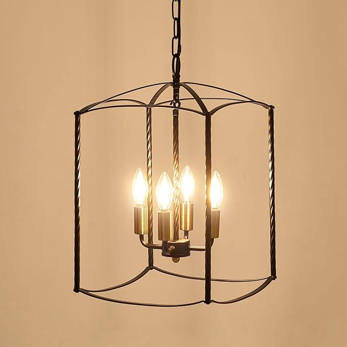 Farmhouse 4 Lights Pendant Light, Industrial Black Lantern Chandelier with E12 Gold Base Metal Cage Rustic Geometric Hanging Light Fixtures for Kitchen Island Foyer Entryway Dining Room-Ruum Studio Home