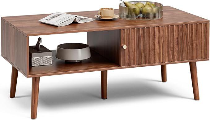 Coffee Table with Storage, Mid Century Dining Table with Sliding Fluted Door and Solid Wood Legs, Small Coffee Tables for Living Room, Walnut-Ruum Studio Home