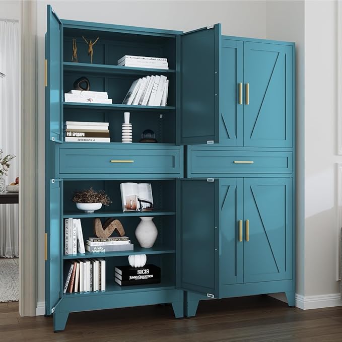 71 "Farmhouse Metal Filing Cabinet with a Drawer and 4 Adjustable Shelves, with 4 Large barn Door White Kitchen Cabinets, Metal Food Cabinets for Home, Kitchen, Dining/Living Room (Peacock Blue)-Ruum Studio Home