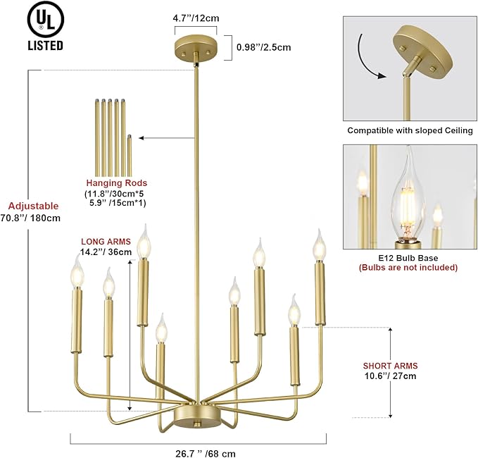 Modern Gold Farmhouse Chandeliers, 8-Light Industrial Metal Chandelier Lighting, Classic Candle Hanging Pendant Light Fixtures for Kitchen Bedroom, Dining Room, Living Room,Foyer-Ruum Studio Home