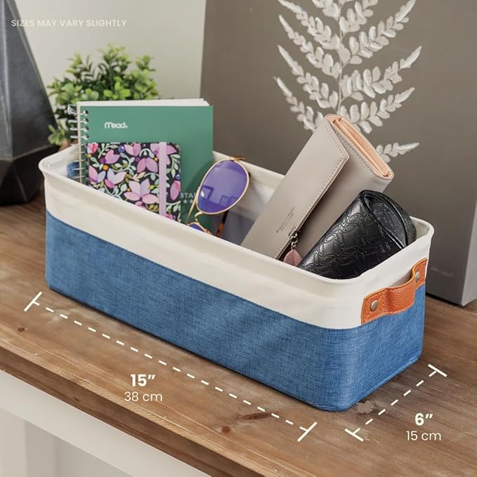 OrganiHaus Narrow Storage Bins 15x06in, Small Closet Bins for Shelves, Bathroom Storage Baskets for Shelves, Narrow Baskets, Fabric Organizer with Handles, Toilet Paper Organizer - 2 Pack, Navy Blue-Ruum Studio Home