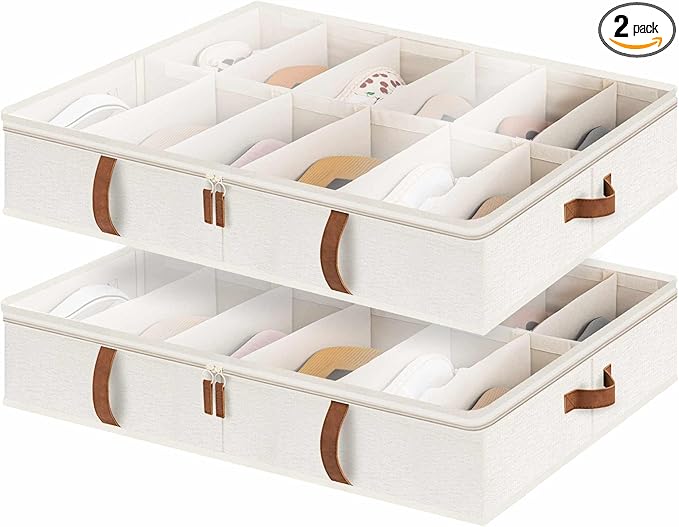 StorageWorks Shoe Organizer Under Bed for Closet, 2-Pack Ultra-thick Fabric Shoe Storage Containers with Bottom Support and Adjustable Dividers, Fits up to 24 Pairs, Beige-Ruum Studio Home