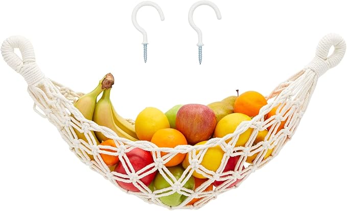 Okuna Outpost Macrame Hanging Fruit Basket Hammock for Kitchen - 6 x 25 x 15 in - White Cotton Modern - Under-Cabinet Storage with 2 Hooks for Bananas-Ruum Studio Home