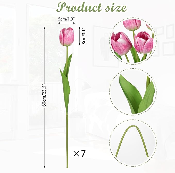 Artificial Tulips Flowers – 24" Long Stem Faux Tulips, 7PCS Real Touch Fake Pink Tulip for Vase, Farmhouse, Kitchen, Spring & Wedding Home Decor-Ruum Studio Home