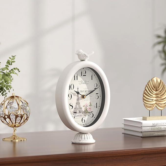 Vintage Table Clock with Bird, Desk and Shelf Decor Clock, French Paris Style, Antique White Metal Mantel Clocks for Living Room, Farmhouse, Bedroom, Bedside, Gift (10" H x 5.9" W)-Ruum Studio Home