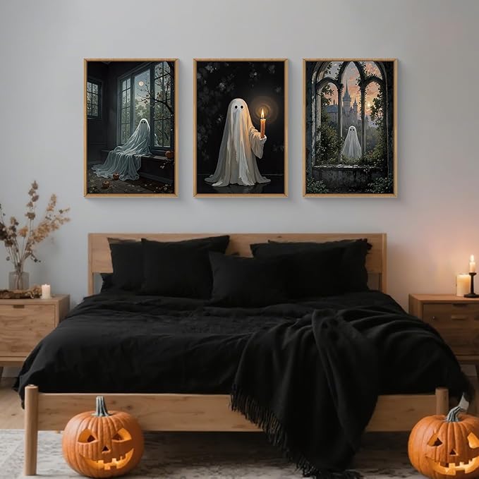 LHIUEM Large Halloween Cute Ghost Framed Canvas Wall Art Set,Vintage Spooky Wall Decor,Retro Dark Prints,Midnight Candle Poster Artwork for Living Room,Bathroom,Dining Room -16"x24"x3-Ruum Studio Home