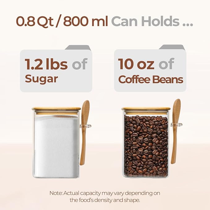 ComSaf 0.8 Qt Glass Jars with Bamboo Lids & Spoons Set of 4, Square Glass Containers with Lids, Sugar Coffee Containers Salt Spice Jars, Pantry Storage Container for Loose Tea, Candy, Brown Sugar, Nut-Ruum Studio Home