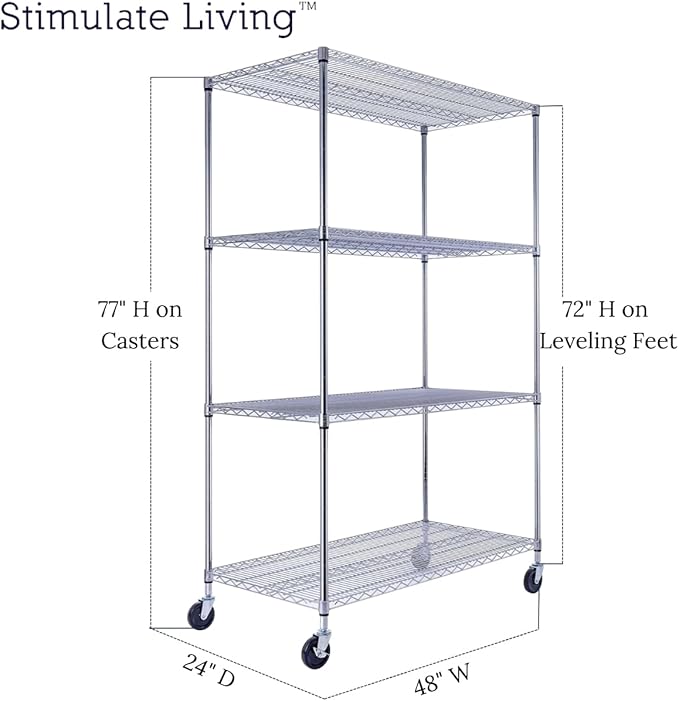 48"x24"x72" Prime Heavy Duty Chrome 4-Tier Wire Shelving NSF 3200 LBS MAX Capacity Storage Rack for Commercial, Hospital, School, Garage, and Kitchen Uses (with Wheels)-Ruum Studio Home