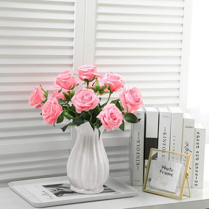 Pink Fake Roses Artificial Flowers - 10 Pcs Fake Artificial Roses Silk Flowers with Stems for Home Wedding Hotel Office Centerpiece Decor-Ruum Studio Home