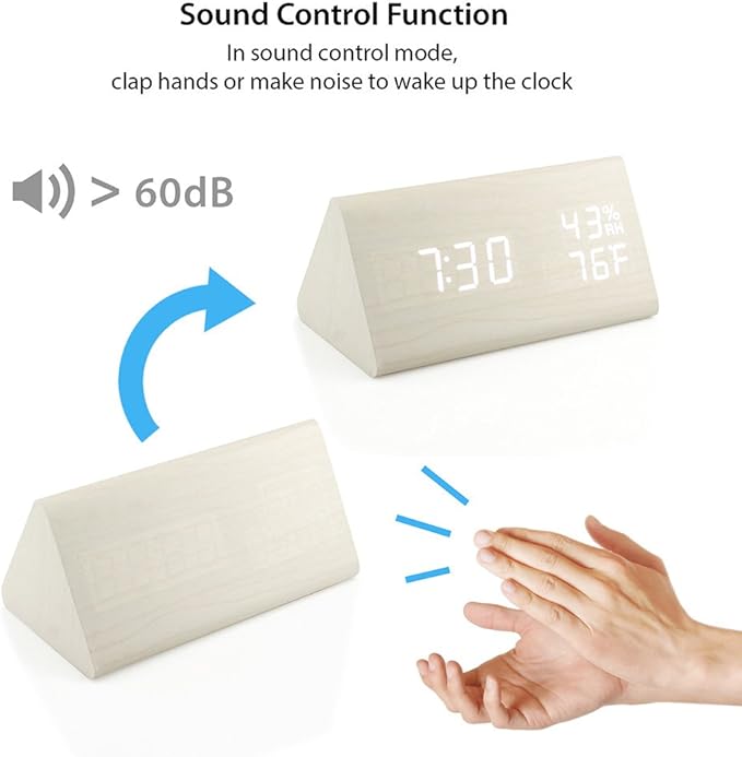 OCT17 Wooden Alarm Clock, Wood Alarm Clock Smart LED Digital Clock for Bedroom/desks, Upgraded with Time Temperature, Adjustable Brightness and Voice Control, Humidity Displaying - White-Ruum Studio Home