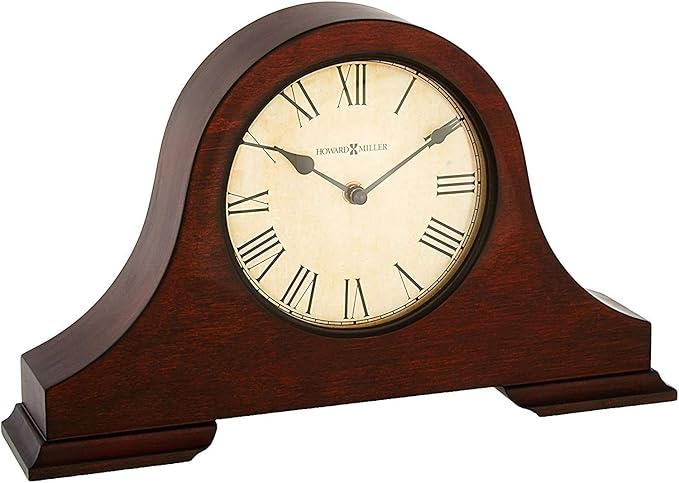 Howard Miller Humphrey Mantel Clock, Roman Numerals Analog Dial with Quartz Movement Triangular Burl Overlays, Hampton Finish Aged Vintage Design for Home Decor, Bedroom & Living Room-Ruum Studio Home