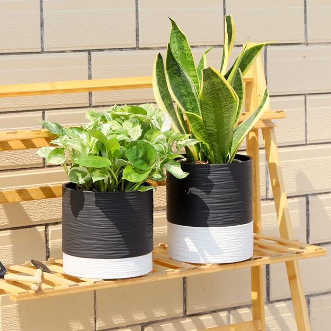 Nihow Ceramic Plant Pot: 6 Inch Planter with Drainage Hole & Saucer for Indoor & Outdoor Plants - Cylinder Round Flower Pot for Succulent/Herbs/Violets - Black & White-Ruum Studio Home