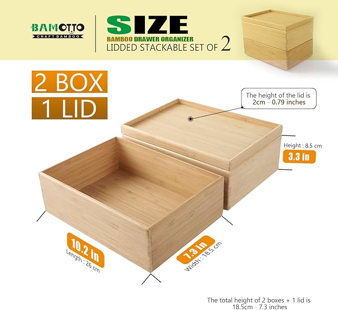 Stackable Bamboo Drawer Organizer Set – 2 Boxes with 1 Lid | Wood-Laminated Trays for Kitchen Utensils, Silverware & Flatware – Storage Fits Cabinets, Pantry, Bathroom & Office | 10.2"x7.3" (2-Pack)-Ruum Studio Home